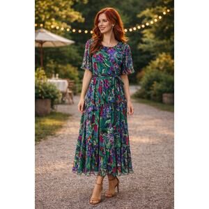 Diane Freis Vintage Tropical Floral Boho CottageCore Scarf Panel Midi Dress